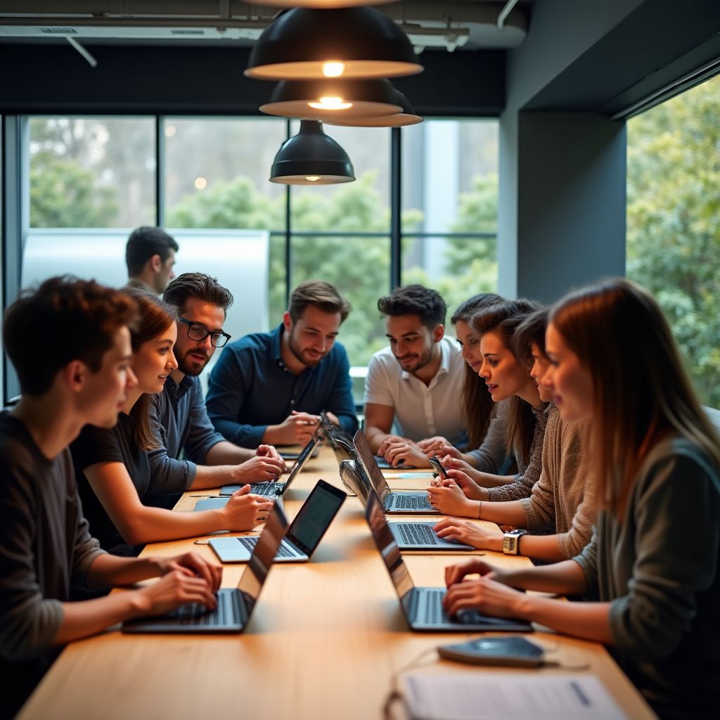 A small team working on laptops in a modern, sunlit office.