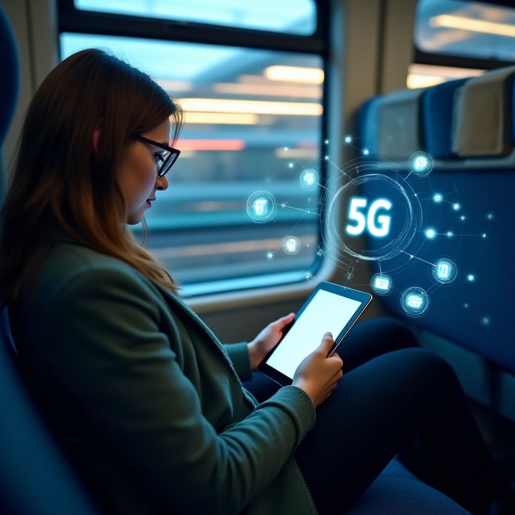 A futuristic city skyline with 5G signal waves emanating from towers.