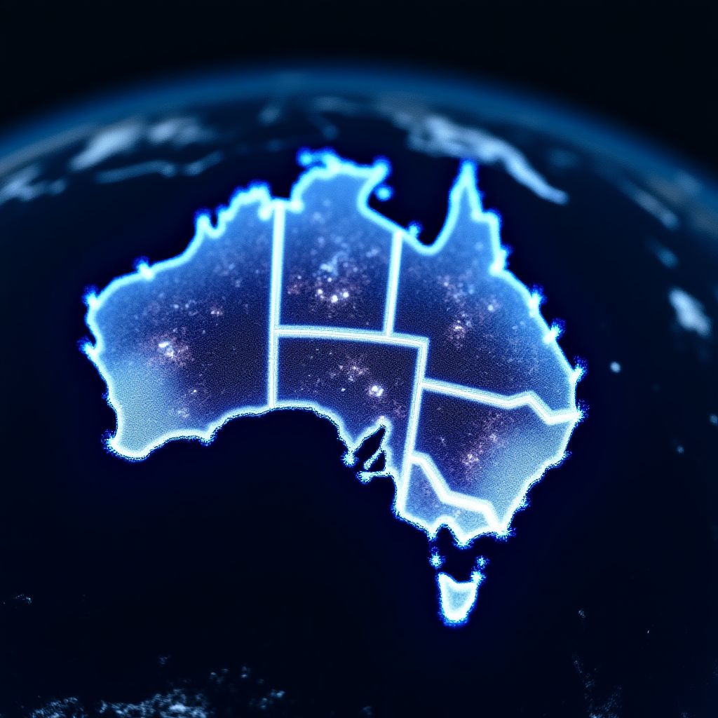 A conceptual image of an AI brain glowing over a map of Australia.