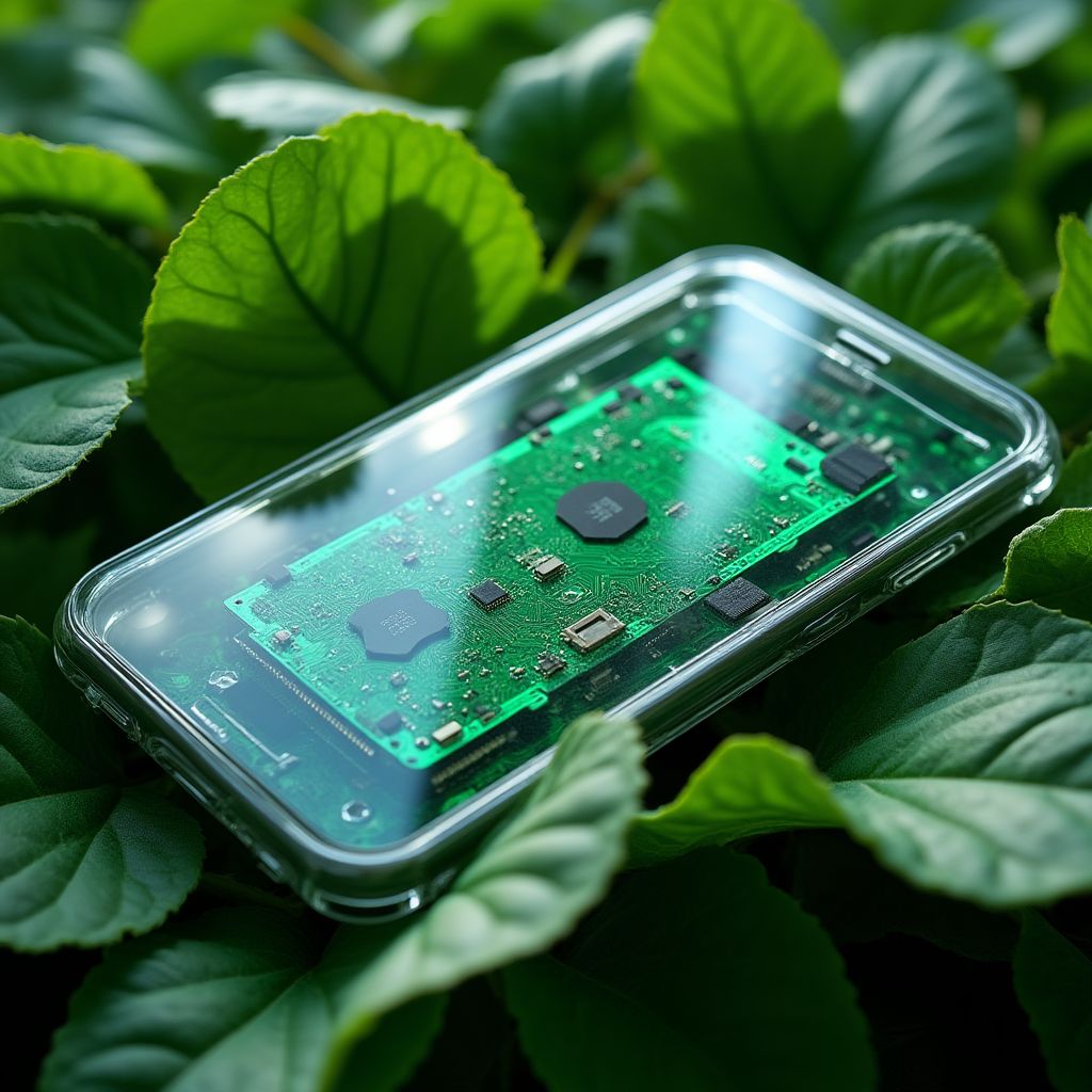A smartphone with a green leaf on the screen, placed on a mossy surface.